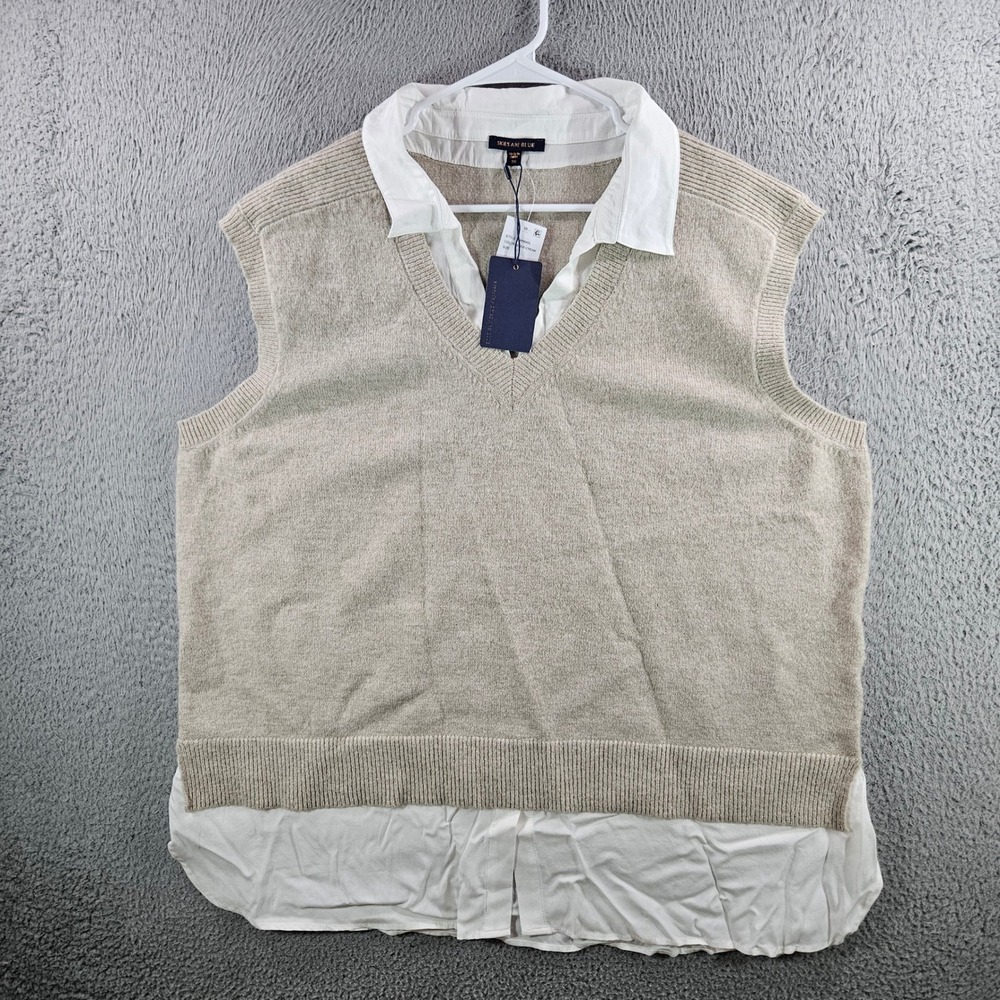 Skies Are Blue Womens 2X Beige Knit Layered Sweater Vest White Collared Top NEW